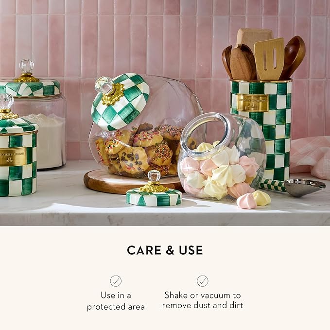 MACKENZIE-CHILDS Enamel Utensil Holder, Kitchen Utensil Holder for Countertop, Green-and-White Emerald Check