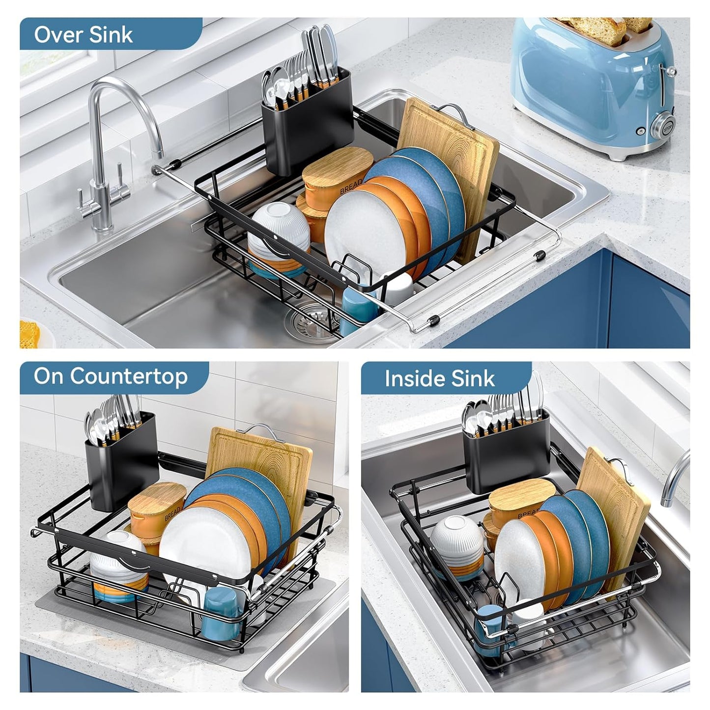 Over the Sink Dish Drying Rack,In Sink Dish Drying Racks,Expandable Dish Rack Over Sink Counter,Adjustable Dish Drainer for Inside Sink with Utensil Holder, Stainless Steel Dish Strainer XLarge Size