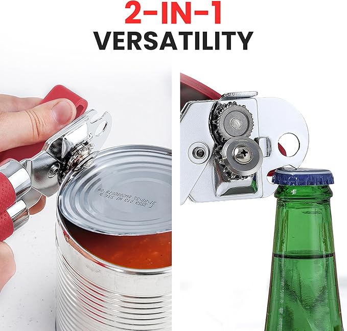 Zulay Kitchen Heavy Duty Stainless Steel Can Opener Manual with Large Bottle Opener - Manual Can Opener with Turn Knob with Soft Grip Handles - Red
