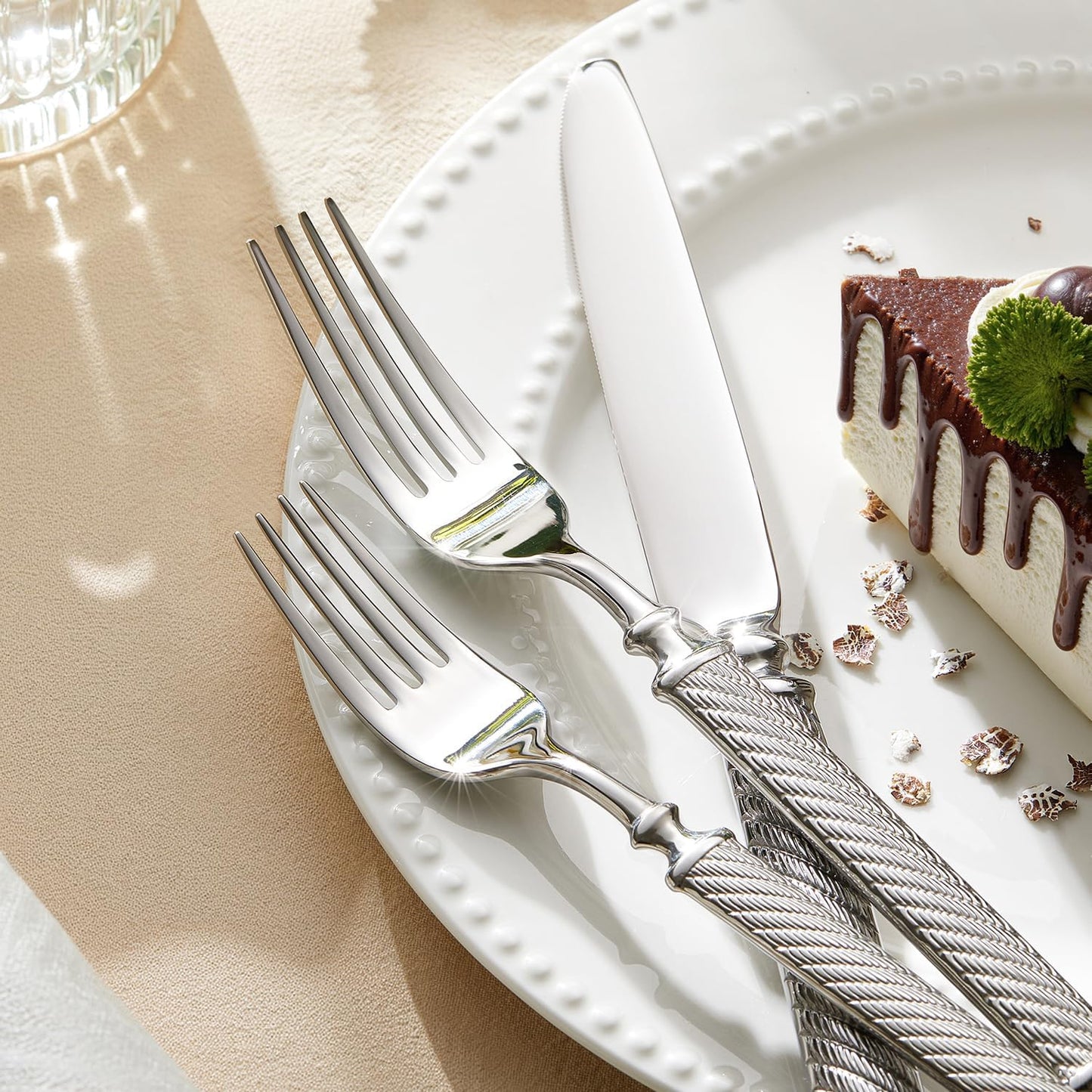 KINGSTONE Retro Rope-Pattern Silverware Set, 20-Piece Flatware Set Cutlery Set Forged with Handcrafted Texture Handles 18/10 Stainless Steel, Dishwasher Safe