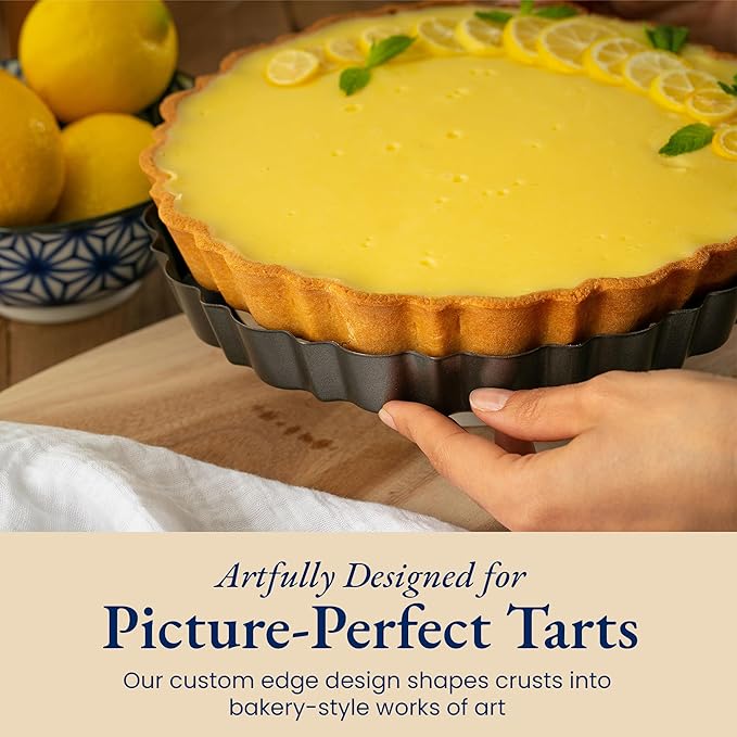 Patz&Patz Fluted Tart Pan 9 Inch Removable Bottom with Patented Silicone Crust Shaper | Nonstick Carbon Steel Quiche Baking Dish, Fruit Tart Molds for Baking, Quiche Pan & Pie Mold - PFOA & PTFE-Free