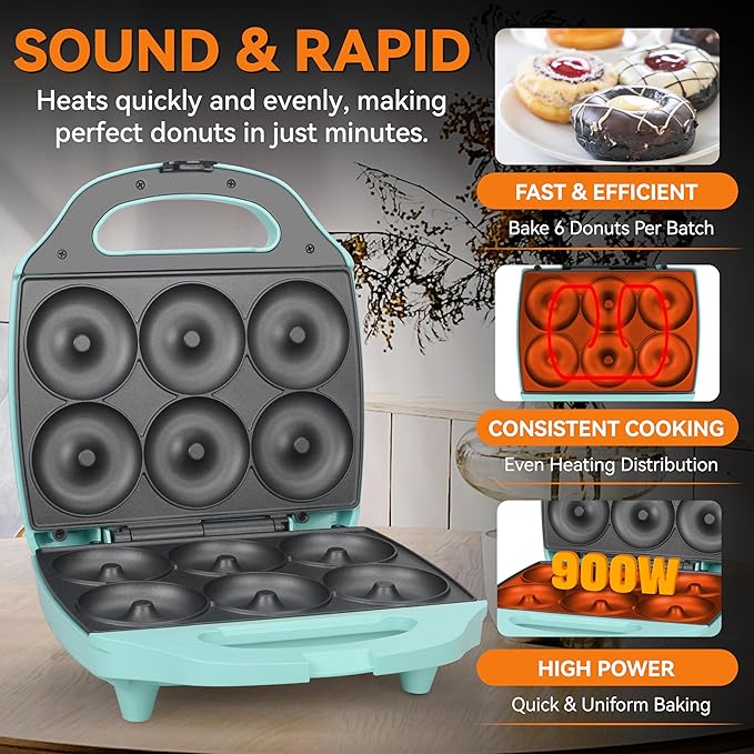 Baker’s Friend Mini Donut Maker Machine for Home, 6 x 3'' Mini Doughnut Maker Machine, Donut Maker for Kids, Maquina Para Hacer Donas, Donut Baking Pan, Donut Party, Aqua