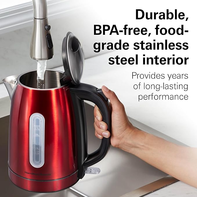Hamilton Beach Electric Tea Kettle, Water Boiler & Heater, 1.7 Liter, Cordless Serving, 1500 Watts for Fast Boiling, Auto-Shutoff and Boil-Dry Protection, Red with LED Light Ring (41060)