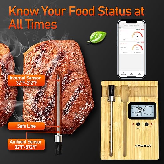 AlfaBot Wireless Meat Thermometer with 2 Meat Probes, 520 FT Bluetooth Meat Thermometer with Digital Food Thermometer for Remote Monitoring of BBQ Grill, Oven