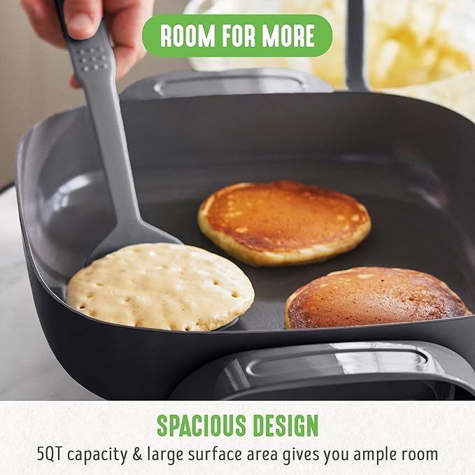 GreenLife 12" 5QT Square Electric Skillet, Glass Vented Lid, Ceramic PFAS-Free Nonstick Coated Interior, Adjustable Temperature Control, Cool Touch Handles, Quick Even Heating, Scratch Resistant,Black