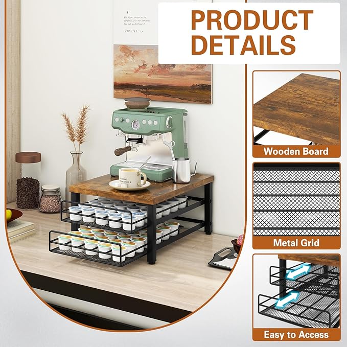 IBUYKE 2-Tier Coffee Pod Drawer Holder for K Cup, Capsule Pods Storage Organizer, Compact Under Coffee Pot Storage Drawer, Slim Home Kitchen Counter Organizer TCJ002H