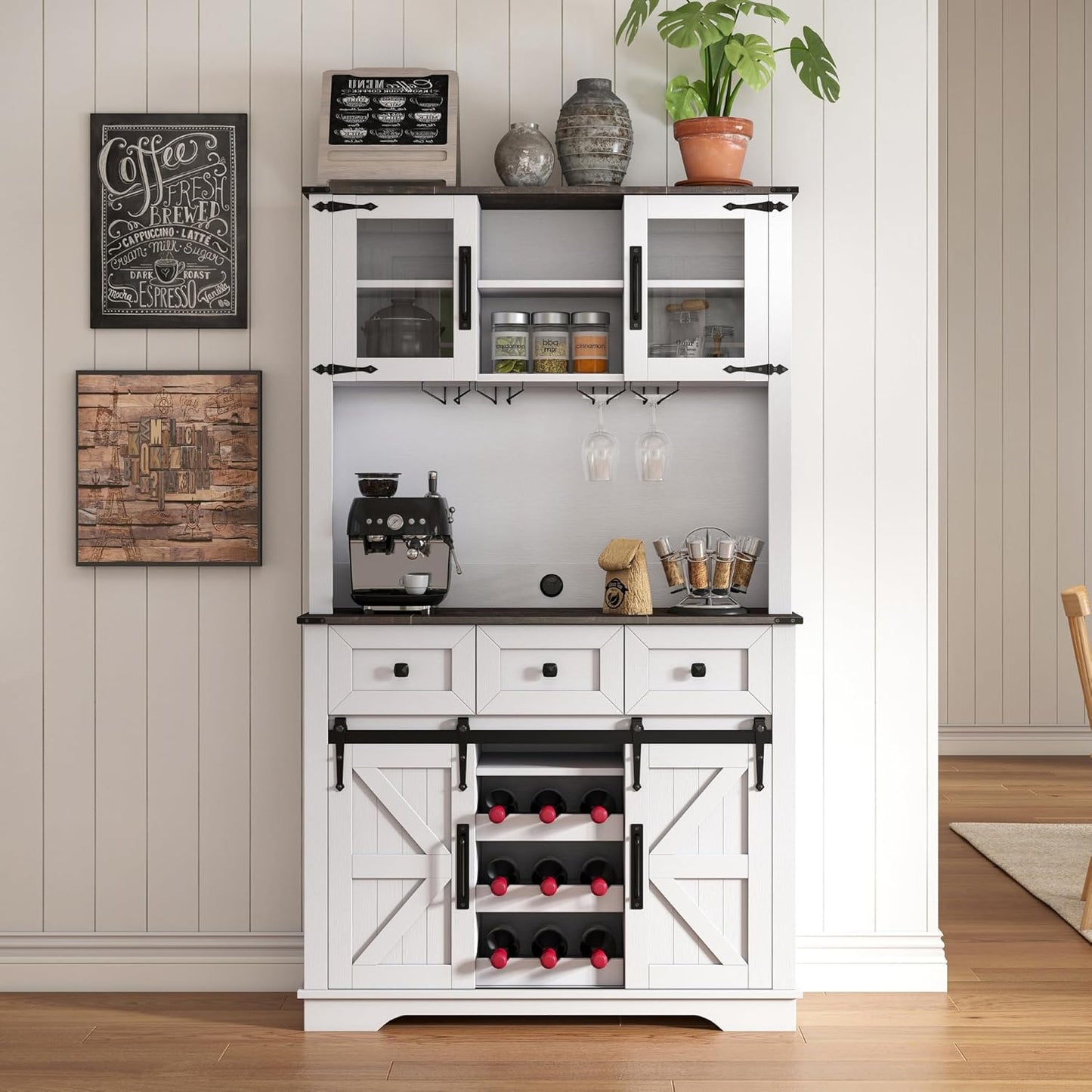 Coffee Bar Cabinet with Sliding Barn Doors 71'' Farmhouse Pantry Cabinet with Drawers & Wine Glass Rack Rustic Buffet Cabinet for Kitchen, White and Black