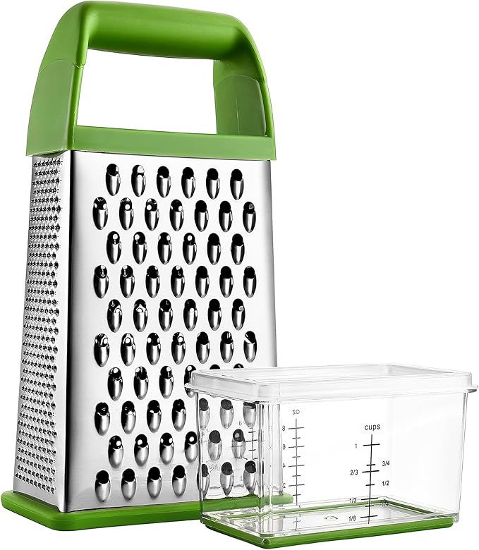 Spring Chef Professional Green 10" Parmesan Cheese Grater With Container, Stainless Steel Food Grater for Kitchen with Handle, 4 Sided Carrot Shredder, Handheld Vegetable & Cabbage Shredder