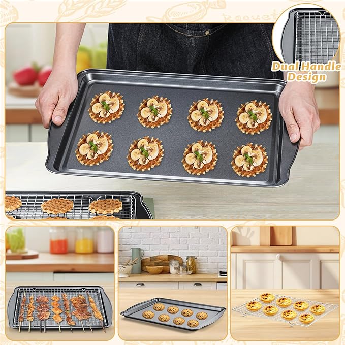Baking Sheet with Cooling Racks - Carbon Steel Cookie Sheets for Baking [2 Sheets + 2 Racks], Nonstick Baking Pans, Perfect for Baking, Roasting, and More, Size 17 x 11 x 0.5 Inches