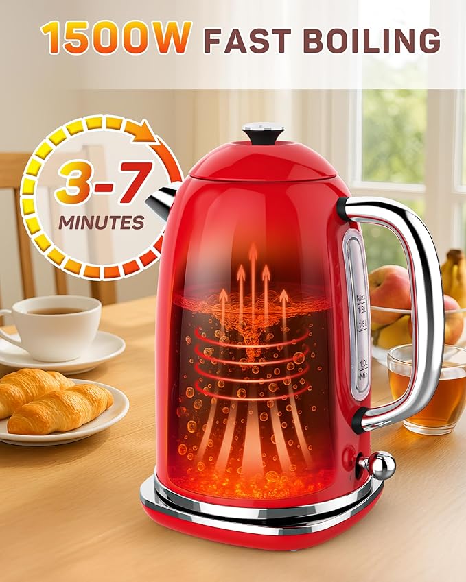 Harriet Electric Kettle, 1.8L Retro Electric Tea Kettle with Thermometer, 1500W Stainless Steel Hot Water Kettle Electric with LED Indicator, Fast Boiling, Cordless, Auto Shut-Off, Red
