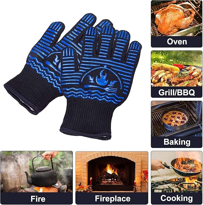 BBQ Gloves, 1472°F Extreme Heat Resistant Grill Gloves, Non-Slip Food Grade Silicone Oven Mitts for Kitchen, Cooking, Barbecue, Baking, Smoker (11inch)