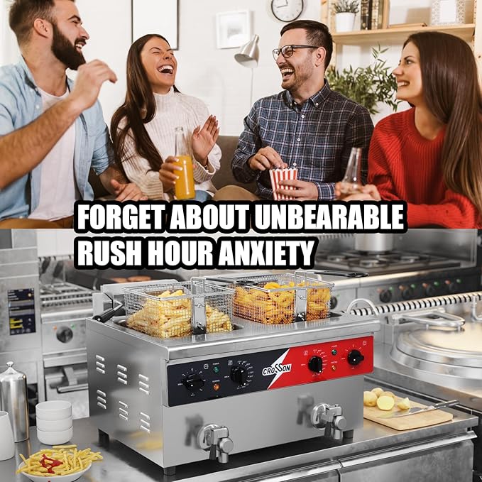 CROSSON 16L Dual Tank Countertop Electric Deep Fryer with "Swing-up and Hold",Drain Valve,Strech forming Oil Tank and Solid Wire Mesh Basket for Restaurant Use 120V,3600W Commercial Deep Fryer