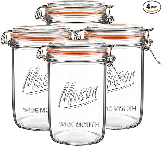 24oz Wide Mouth Mason Jars – 4 Pack Glass Jars with Airtight Lids for Canning, Pickling, Meal Prep, Jam, Jelly, Overnight Oats & DIY Projects