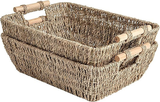 StorageWorks Hand-Woven Large Storage Baskets with Wooden Handles, Seagrass Wicker Baskets for Organizing, 2-Pack