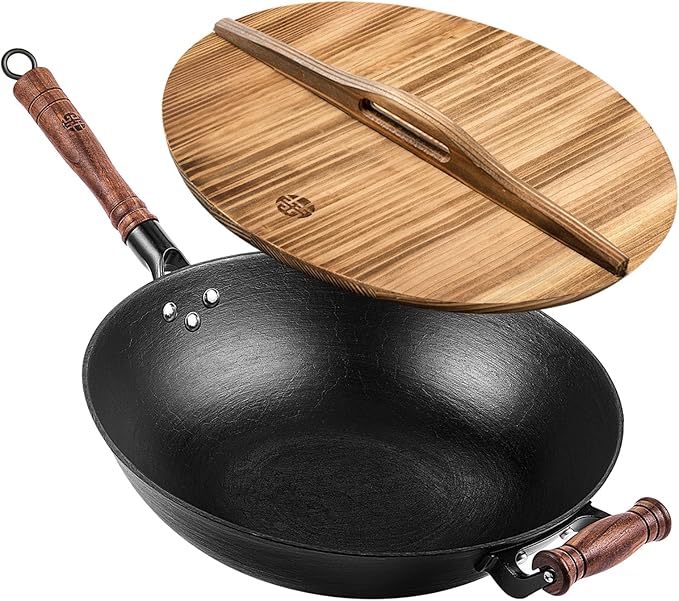 WANGYUANJI 14.2 Inch Cast Iron Wok with Lid – Flat Bottom Chinese Stir Fry Pan, Handcrafted Non-Coated Iron Cookware for Induction, Gas & Electric Stoves, Black