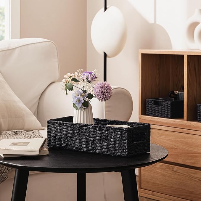 UBBCARE Toilet Tank Basket for Bathroom, Hand Woven Paper Wicker Basket for Organizing, Countertop Decorative Storage Basket with Handles, 2-Pack, Black