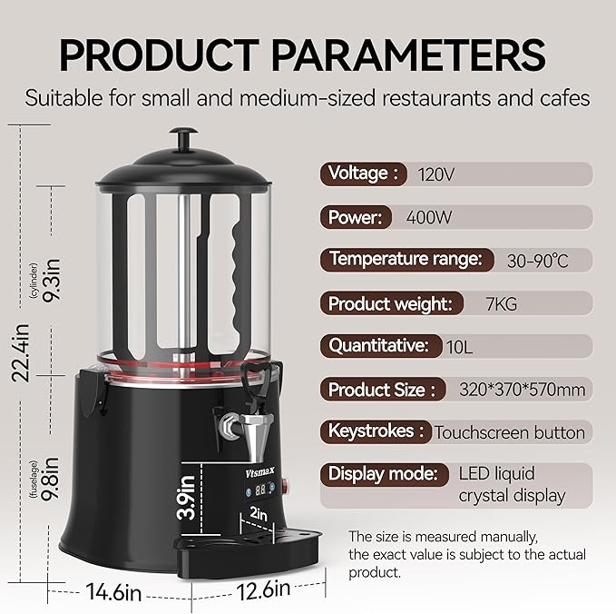 10L Commercial Hot Chocolate Machine 86-194℉ Intelligent temperature control hot chocolate maker, hot beverage dispenser for Chocolate Drink, Cocoa, Milk, Coffee, Juice (10L)