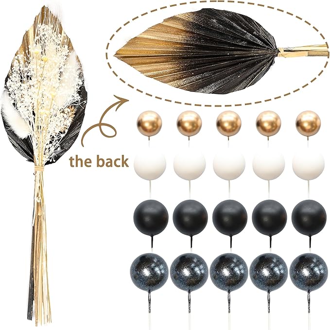 Gyufise 21 Pack Flower Boho Cake Topper Ball Cake Decorations Palm Leaves Plants Cake Decor for Girl Bohemian Princess Theme Wedding Baby Shower Birthday Party Supplies Black Gold