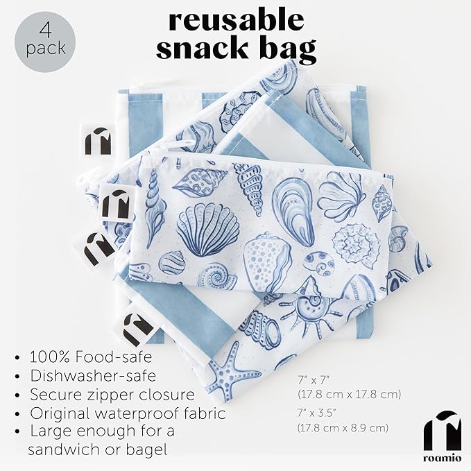 Roamio Reusable Sandwich and Snack Bags, for Kids School Lunch and for Adults Portion, Washable Fabric, Waterproof Cloth Zip Bag, Travel Pouch, Food-Safe, 4-pack Set Nautical Stripe and Blue Shells