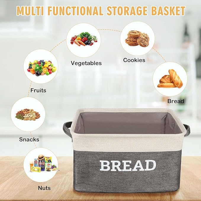 Bread Storage Basket for Kitchen, Foldable Fabric Bread Keeper Bread Storage Container Bin with Handles, Bread Baskets for Kitchen Counter and Pantry (White & Grey)