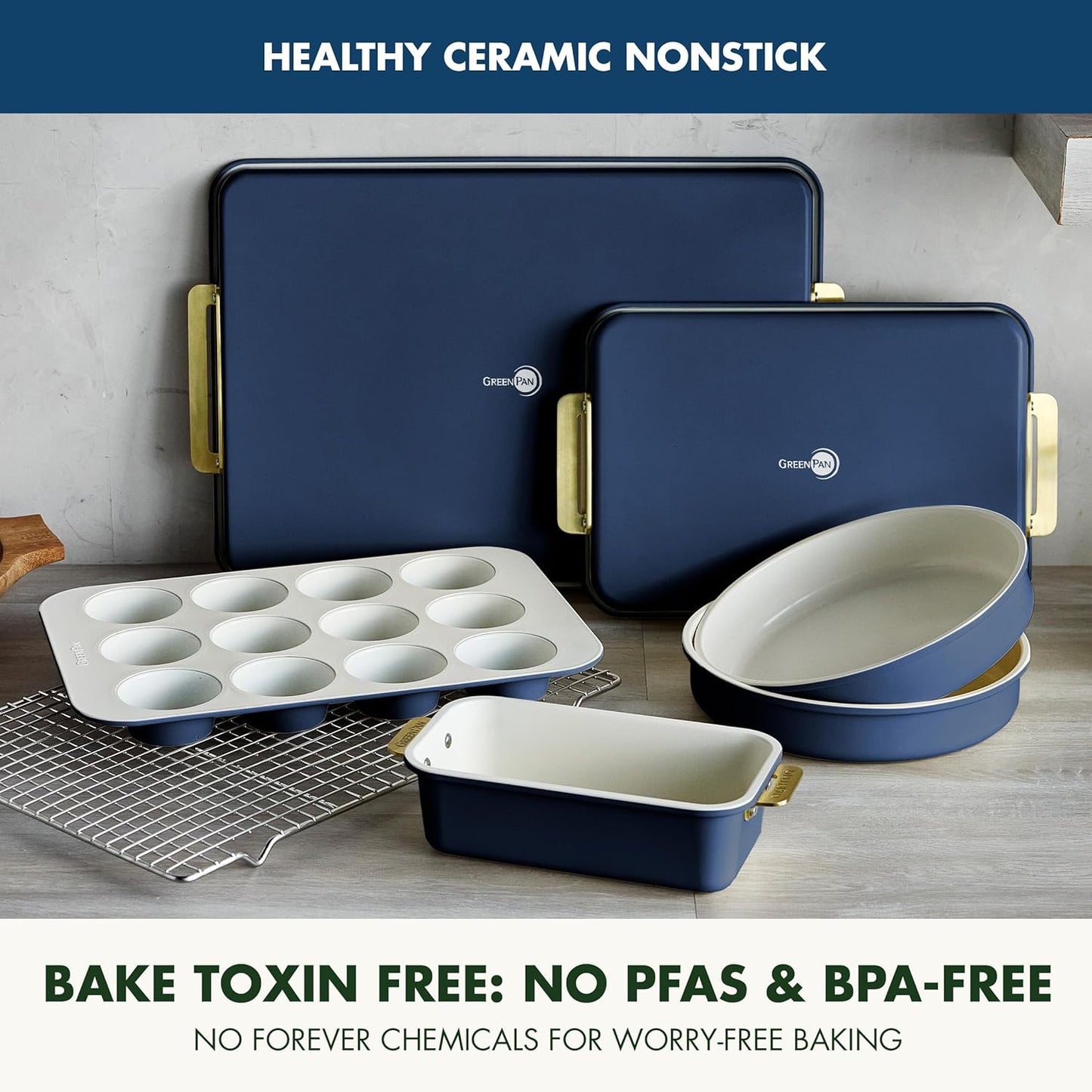 GreenPan Bakeware Set, 7 Piece Nonstick Ceramic Gold Handle Baking Sheets, Cake Pans, Loaf Pan, Muffin Tin, Cooling Rack, PFAS & BPA Free, Freezer to Oven Dish, Bake & Roast Ovenware, Oxford Blue