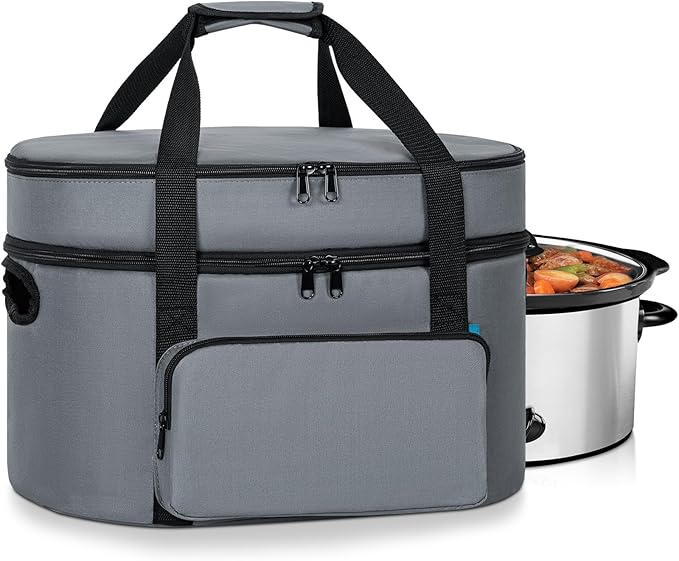 Double Layer Slow Cooker Travel Bag Compatible with 6, 7, 8 Quart Crock-Pot, Insulated Travel Carrier with Easy to Clean Lining, Grey