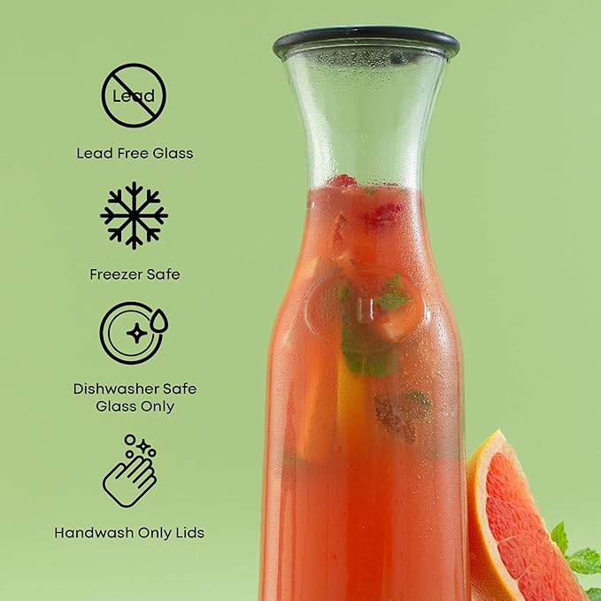 JoyJolt Glass Carafe with Lid, Set of 4 – 1 Liter Glass Pitcher for Mimosa Bar, Water, Iced Tea, Juice, Wine, Lemonade, Milk – Dishwasher Safe Beverage Drink Dispensers for Brunch, Parties