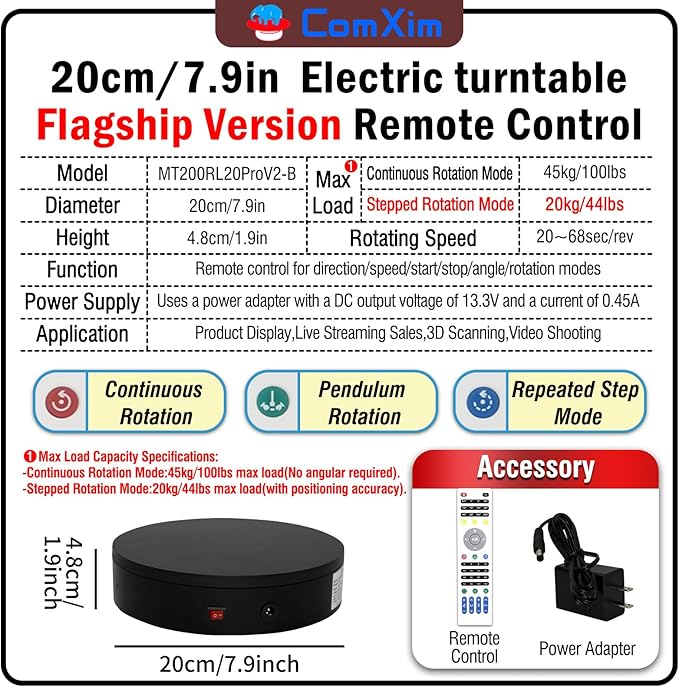 7.9In Remote Motorized Electric Turntable Rotating Display Stand Spinning Rotating Platform 360 Photography Turntable lazy susan base giratoria para for Photography,Display (Load Range:40~100lbs)