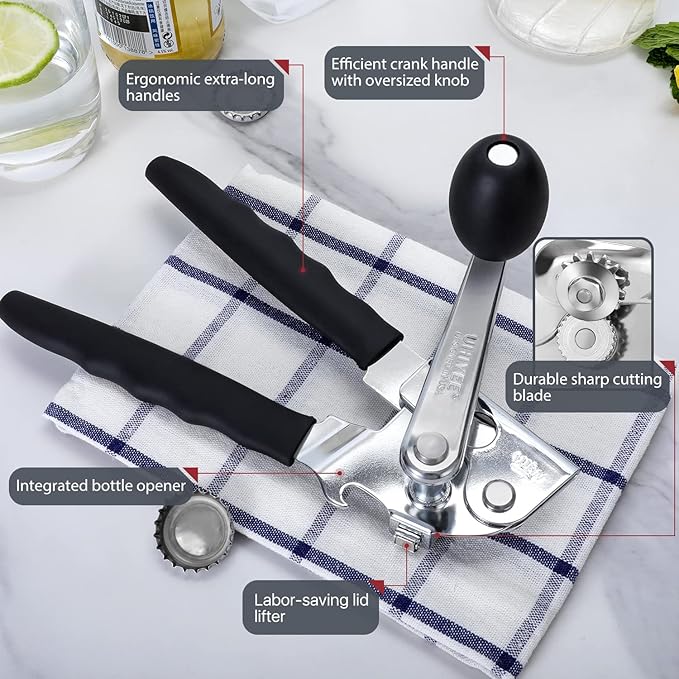 Commercial Can Opener, UHIYEE Hand Crank Can Opener Manual Heavy Duty with Comfortable Extra-long Handles, Oversized Knob, Large Handheld Can Open Easy for Big Cans, Black
