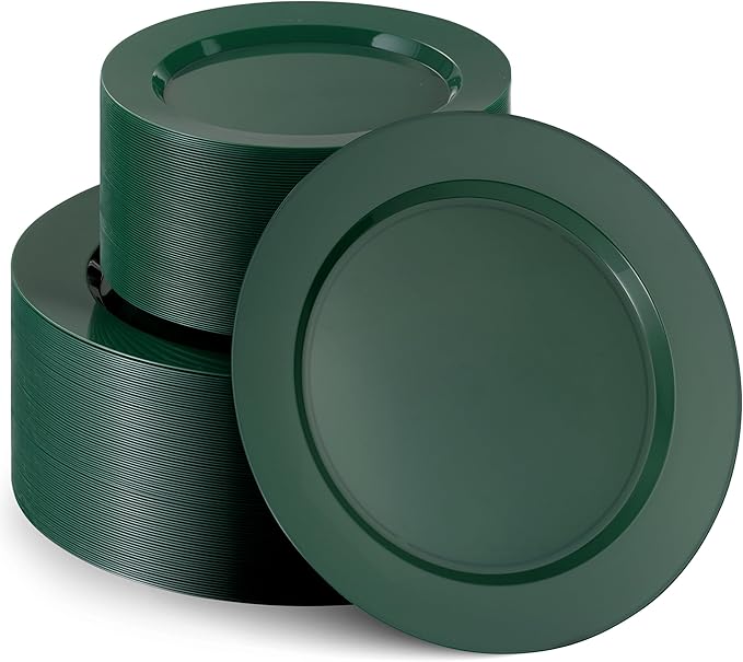 Munfix 100 Green Plastic Plates Set, 50 Pcs 10 Inch Dinner and 50 Pcs 7 Inch Dessert Plates, Elegant Fancy Heavy Duty Disposable Plates for Party, Wedding, Green