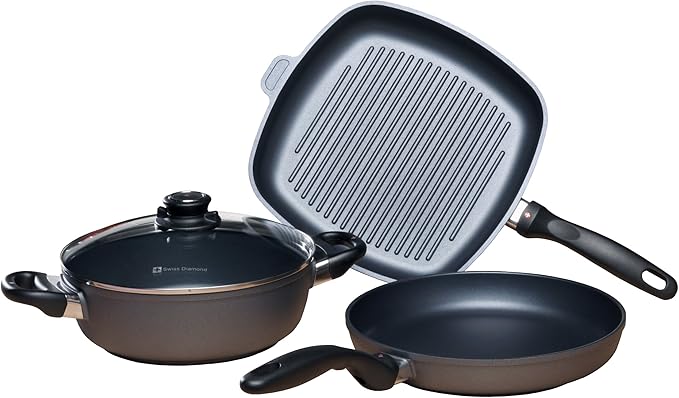 Swiss Diamond 4-Piece Set Nonstick Diamond Coated Aluminum W/Lid Casserole Pan & Grill Fry Pan, Dishwasher/Oven Safe Grey