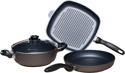 Swiss Diamond 4-Piece Set Nonstick Diamond Coated Aluminum W/Lid Casserole Pan & Grill Fry Pan, Dishwasher/Oven Safe Grey
