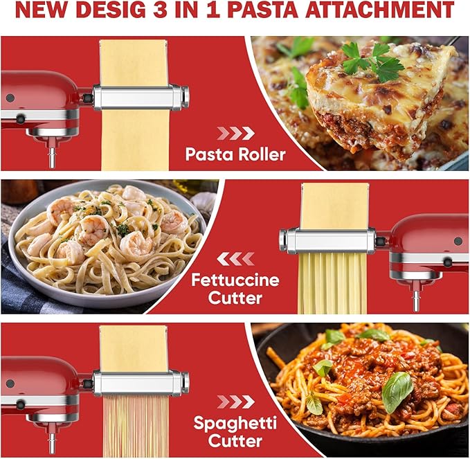 3 in 1 Pasta Attachment for Kitchenaid Stand Mixer, All Metal Pasta Maker Kitchenaid Attachment, Pasta Sheet Roller, Spaghetti Cutter, Fettuccine Cutter Maker Accessories and Cleaning Brush by Gvode
