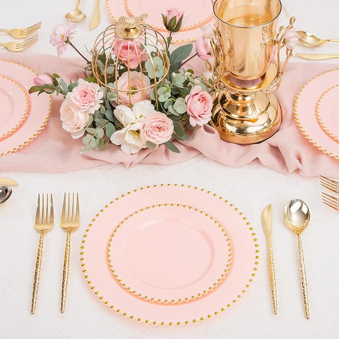 supernal 100pcs Pink Plastic Plates with Gold Beads Plates Disposable Heavy Duty Party Supplies Includes 10.25inch Dinner Plate and 7.5inch Dessert Disposable Plate for Party,Wedding,Bridal Showers