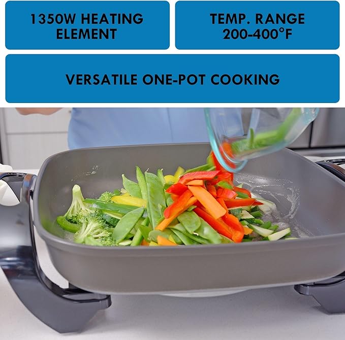 Kenmore Electric Skillet - Nonstick Frying Pan With Removable Glass Lid, Grill, Saute, Roast Chicken, Cook Pancake, 12x12" Temperature Control Easy Clean Countertop Kitchen Appliance