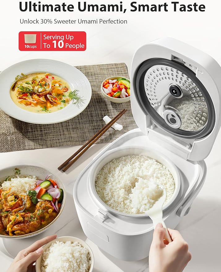 TOSHIBA Umami Smart Rice Cooker 10-Cup Uncooked, Fuzzy Logic, 15-in-1 Functions, Digital Display, Delay Timer, Keep Warm, Nonstick Inner Pot, White