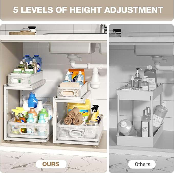 2 Pack Under Sink Organizer With Next-Gen Ball-Bearing Slides,2-Tier Precision Mesh Pull Out Cabinet Drawers Storage for Bathroom&Kitchen,Height Adjustable Shelf,Rust-resistant-Patent Pending