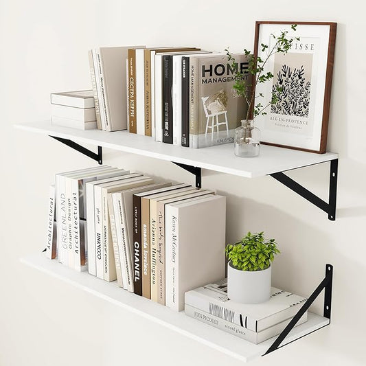 Heimlove White Deep Floating Shelves for Wall, 36W x 12D Wood Wall Shelves Set of 2, Wide Floating Bookshelf for Living Room, Kitchen, Office, Bedroom and Decor Storage, with Black Bracket - White