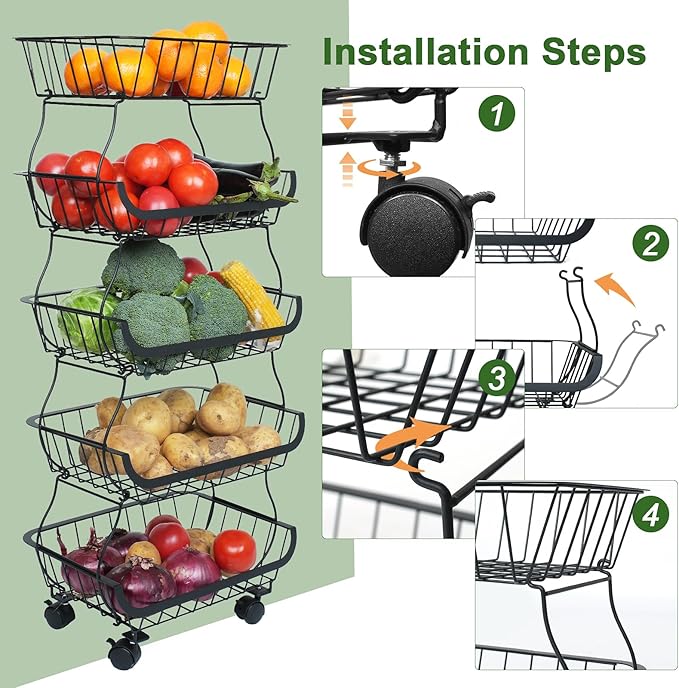 Fruit Vegetable Storage Basket, Kitchen Fruit Vegetable Storage Cart, 5 Tier Stackable Metal Wire Storage Baskets with Wheels, Produce Basket Organizer Bins for Pantry, Bathroom, Black