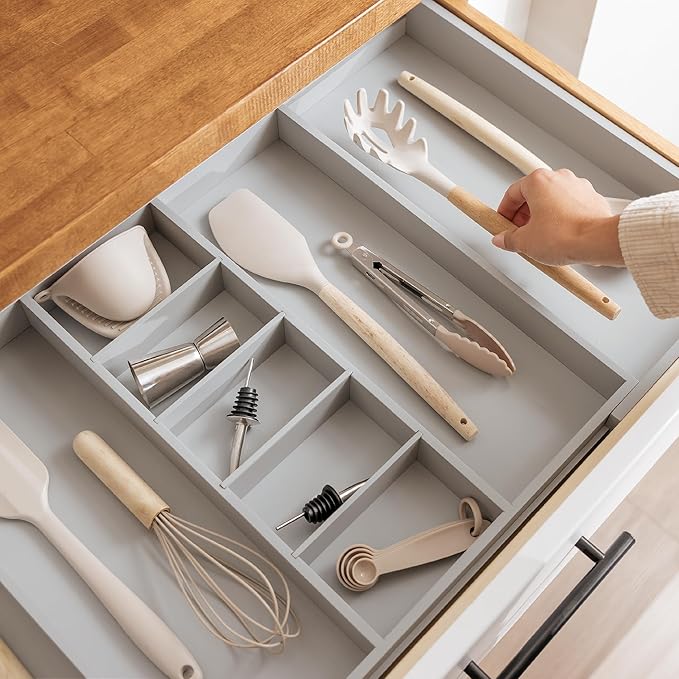 Adjustable Kitchen Drawer Organizer for Utensils and Junk, Food-Safe Contract Grade with 100% Sustainable Wood, Expandable from 19 to 33 Inches Wide - Gray Bamboo