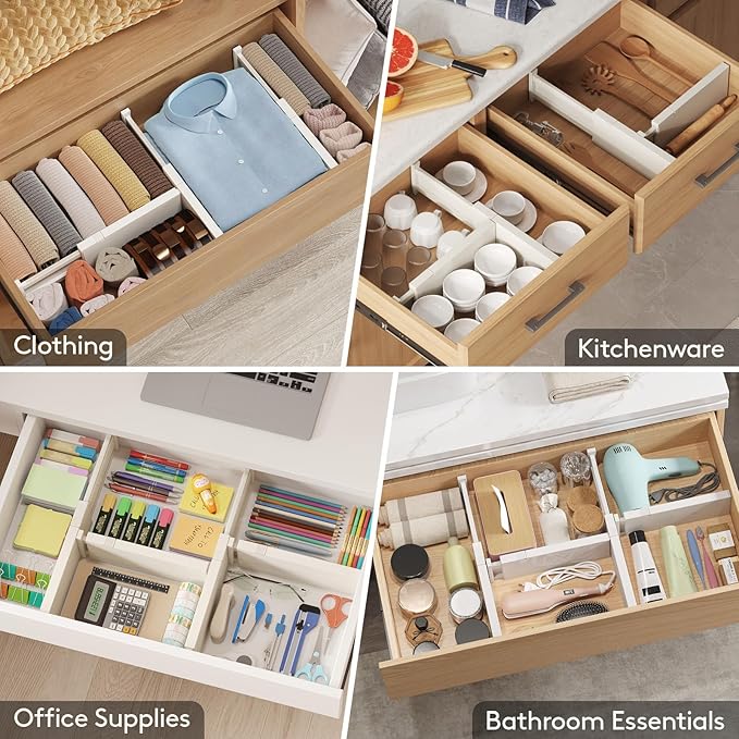 Lifewit 16 Pack Drawer Dividers 4" High, 11-17" Adjustable Drawer Organizers for Clothes, Expandable Dresser Separators in Bedroom/Bathroom/Kitchen/Fridge/Office Organization and Storage, Beige