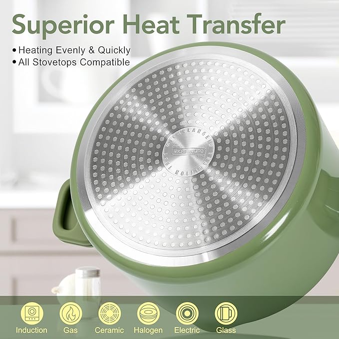 MICHELANGELO Pasta Pot with Strainer Lid - 6 Quart Cooking Pot with Lid, Non Stick Spaghetti Pot Ceramic Coated with Twist and Lock Handles for Easy Draining, Induction Compatible, Roden Green