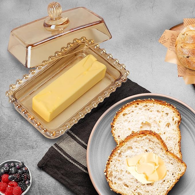 Glass Butter Dish with Lid for Countertop Amber Vintage Crystal Butter Holder for Counter,Covered Glass Butter Keeper on Counter Butter Tray for Refrigerator(Amber)