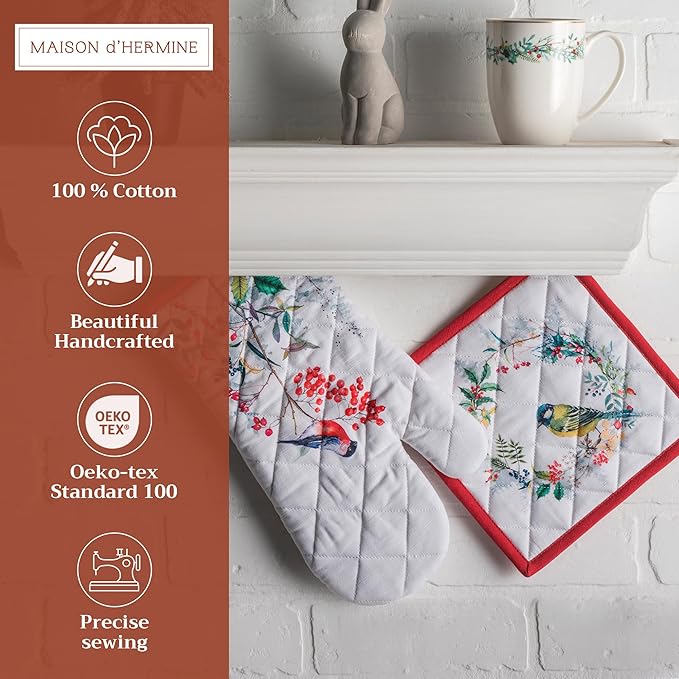 Maison d' Hermine 100% Cotton Oven Mitt & Pot Holder Set (7.5"x13" & 8"x8") Heat Resistant BBQ Cooking Gloves with Loop, Baking, Grilling, Kitchen, Handling Hot Pans (Morzine)