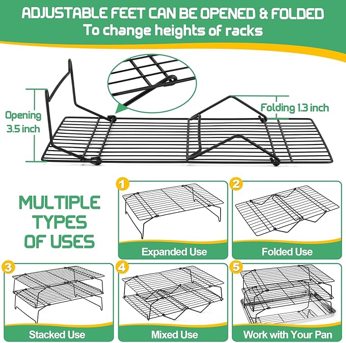 P&P CHEF Cooling Rack Set of 2, 2-Tier Stackable Stainless Steel Wire Racks for Baking Cooking Cooling Roasting, Collapsible & Heavy Duty, Oven Safe & Easy Clean, 15" x 10", Black
