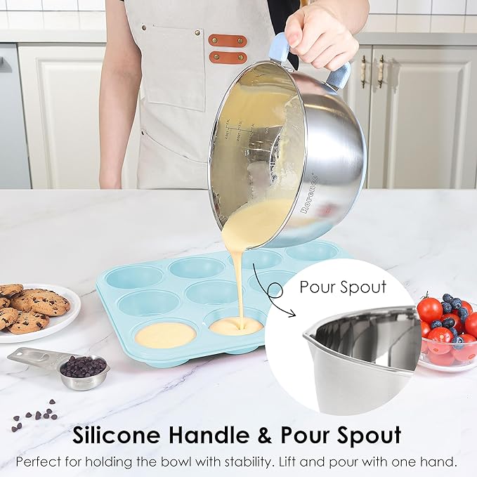 Rorence Stainless Steel Mixing Bowls Set: Non-Slip Silicone Bottom Kitchen Bowls with Pour Spout, Handle and Lid - Set of 3 - Light Blue