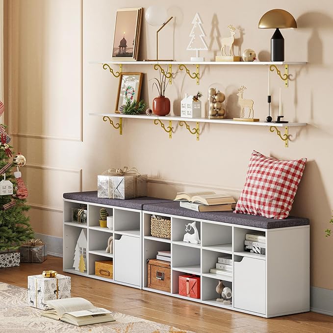 DINZI LVJ Long Wall Shelves, 39.4" Wall Mounted Shelves Set of 4, Wide Floating Shelf with Metal Brackets, for Living Room, Bathroom, Bedroom, Kitchen, Office, White and Gold