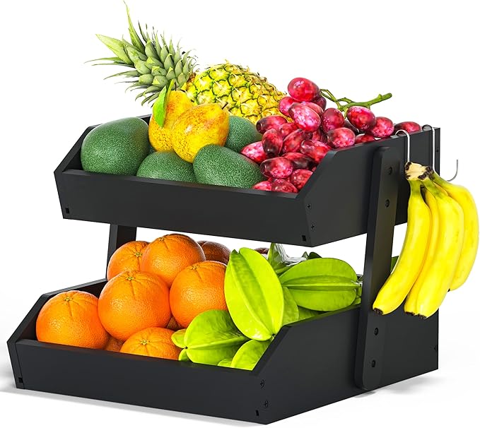 Bamboo Fruit Basket for Kitchen– 2 Tier Fruit Bowl For Kitchen Counter, Large Fruit Holder With 2 Banana Hangers, Idea For Fruit and Vegetable Storage, Bread Basket, Snack Organizer(BLACK)