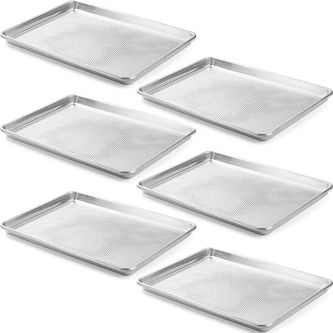 CURTA 6 Pack Aluminum Sheet Pan Perforated, NSF Listed Half Size 18 x 13 inch Commercial Bakery Cake Bun Pan, Baking Tray