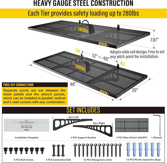 2-Pack 1.64x4ft Adjustable Garage Wall Shelving 560lbs Load Capacity Heavy Duty Wall Mounted Storage Shelf Metal Floating Shelves for Garage(Black)